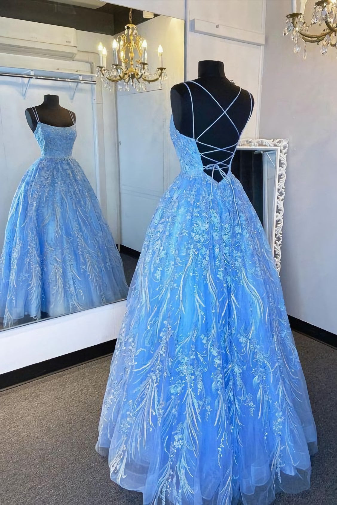 Elegant Straps Blue Appliqued Formal Dress, Prom Dress, Evening Dress