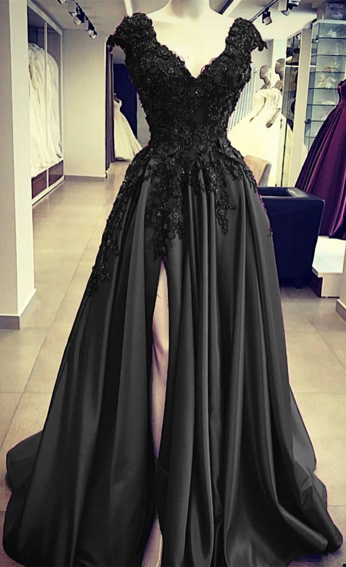 Black Satin Slit Dresses, With Lace Embroidery Prom Dresses