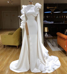 Mermaid Prom Dresses, Crew Neck Prom Dresses, Side Slit Evening Dresses, White Prom Dresses