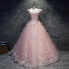 Pink Cap Sleeves Ball Gown Tulle With Lace Sweet 16 Prom Dresses, Long Quinceanera Dresses