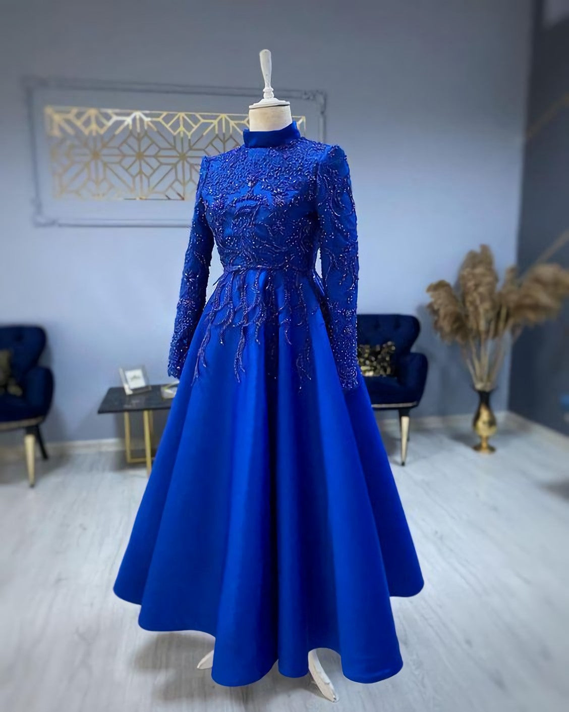 Modest Blue Prom Dresses, Lace Emroidery Evening Dress