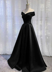 Pretty Off Shoulder Black Satin A Line Party Dress, Formal Dress, Long Black Prom Dress