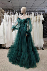 Pretty Green Lace Prom Dresses, Puff Long Sleeves Off The Shoulder Lace Appliques Tulle Ball Gown