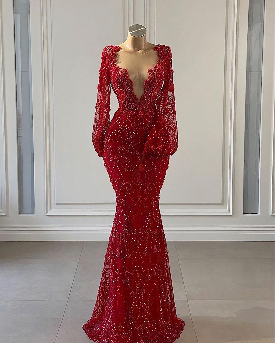 Red Prom Dress, Long Prom Dresses, Long Sleeve Lace Mermaid Evening Gowns