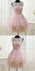 Pink Appliques Organza Tiered Short Homecoming Dress, Simple Homecoming Dresses