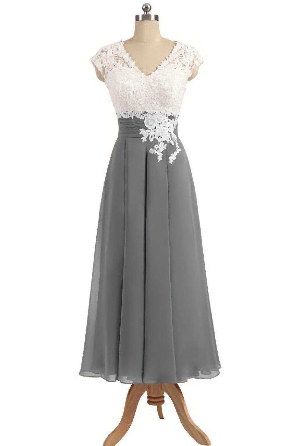 Ankle Length V Neck Cap Sleeves Silver Gray Mother Of The Bride Dresses, Prom Dress, With Appliques