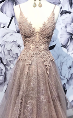 Champagne V Neck Tulle Lace Long Prom Dress, Champagne Tulle Evening Dress