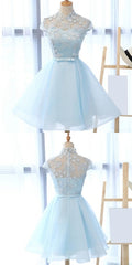 Chic Light Sky Blue Homecoming Dress, Tulle High Neck Homecoming Dress, Party Dress