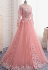 Charming Long Sleeve Appliques Pink Tulle Prom Dresses, Elegant Evening Formal Dress