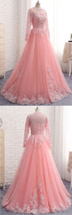 Charming Long Sleeve Appliques Pink Tulle Prom Dresses, Elegant Evening Formal Dress