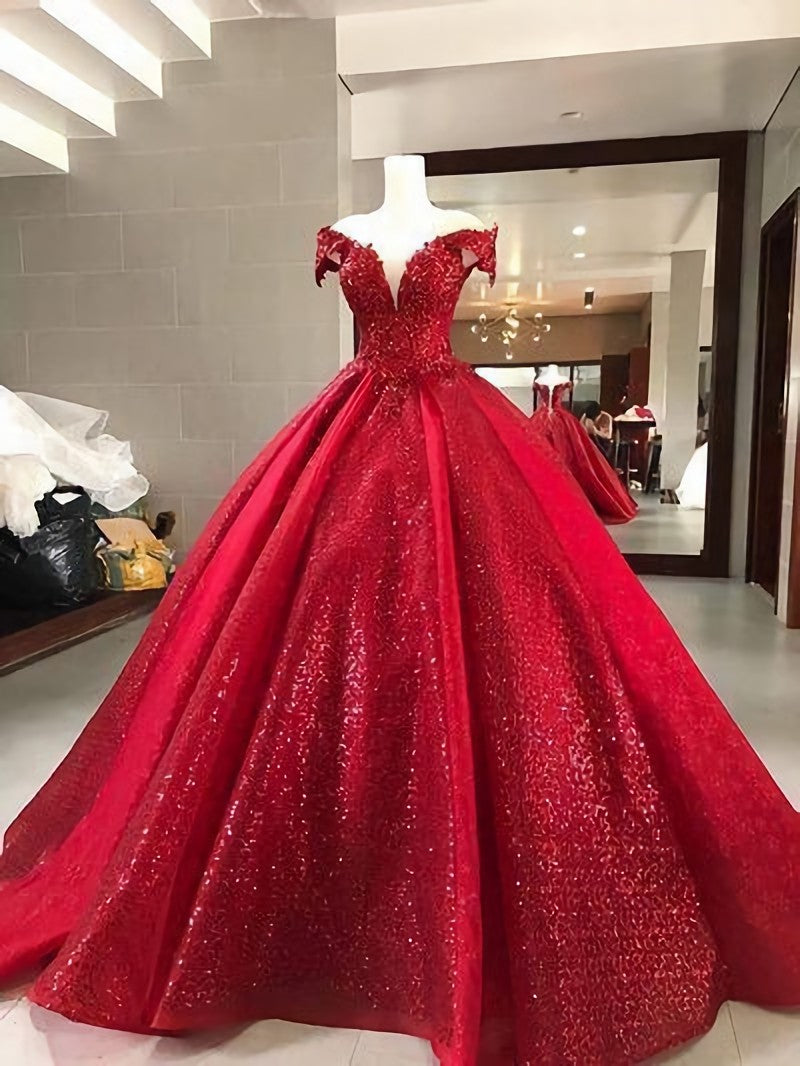 Elegant Red Ball Gown Sparkly Sequin Quinceanera Prom Dresses