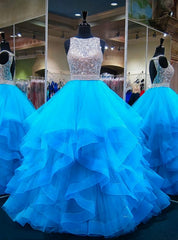 Blue Puffy Ball Gown Crystals Backless African Prom Dresses