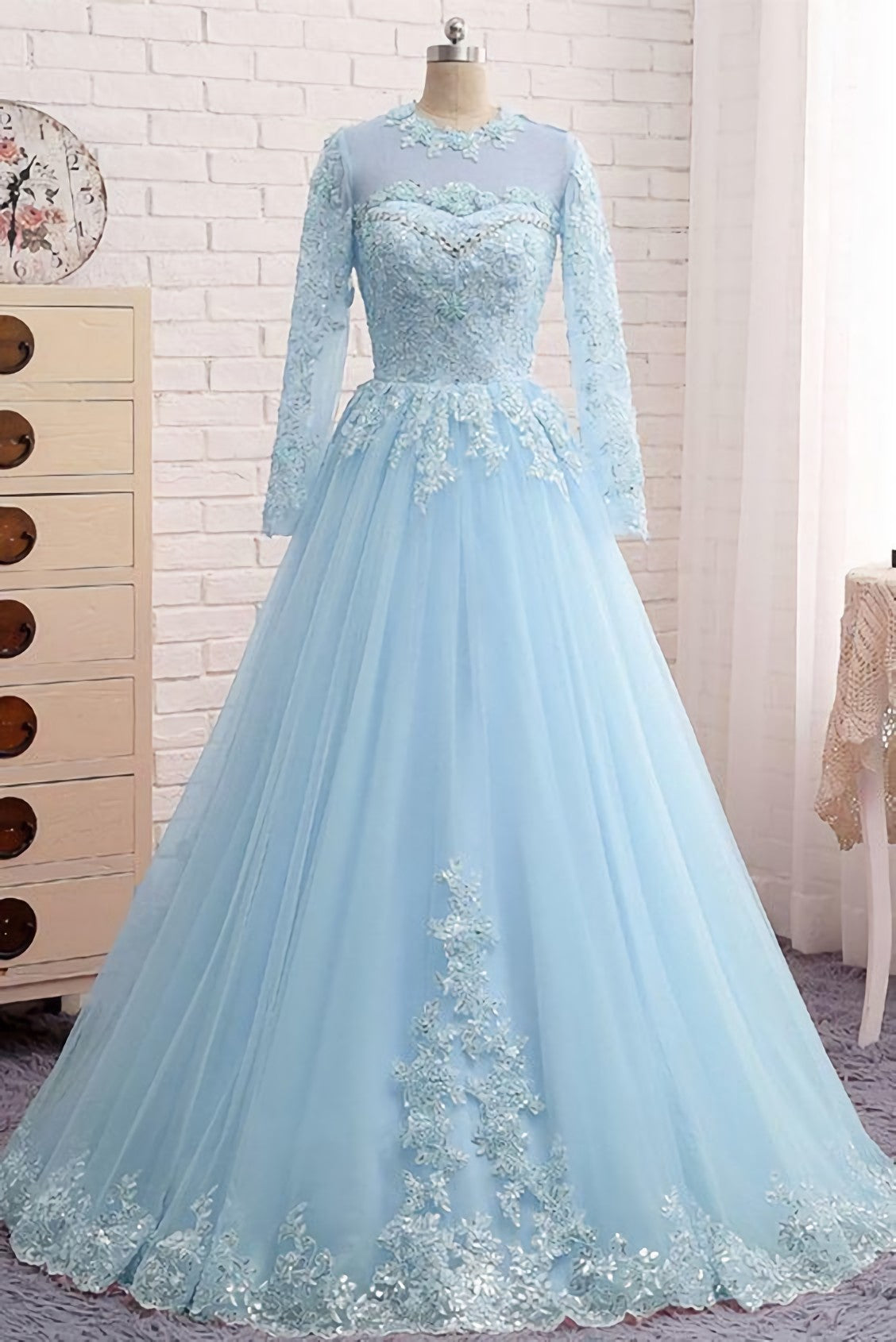 Blue Lace Tulle Long Sleeve Beaded Formal Prom Dress