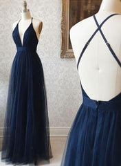 A Line V Neck Navy Blue Backless Prom Dresses, Dark Navy Blue Backless Tulle Evening Formal Dresses