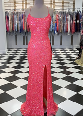 Spaghetti Straps Coral Pink Sequin Mermaid Prom Dress, With Slit