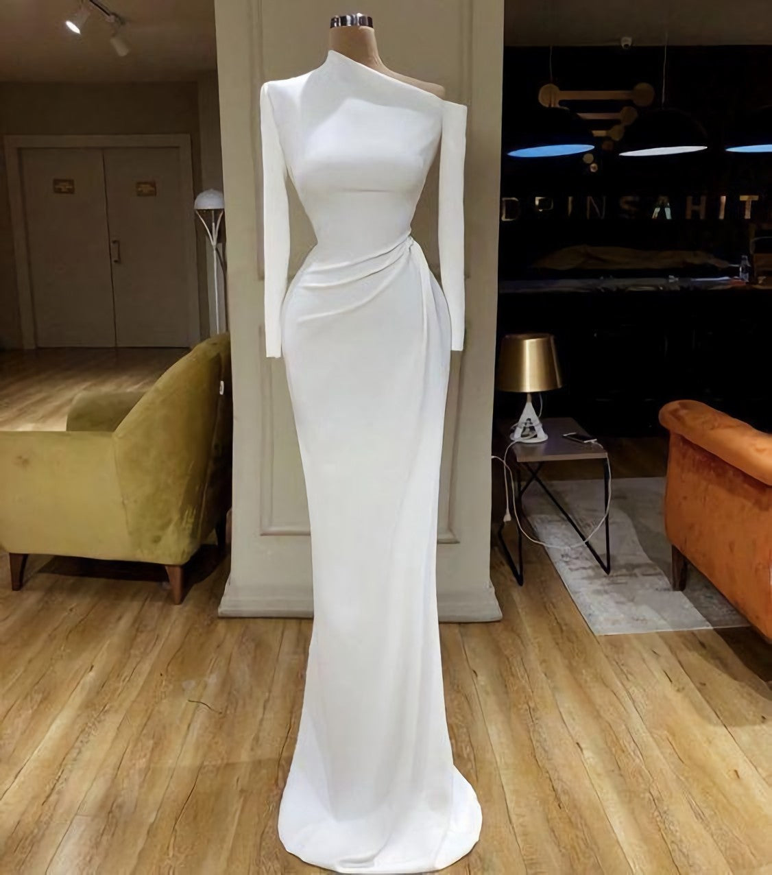 White Evening Dresses, Long Sleeve Modest Simple Mermaid Elegant Cheap Formal Prom Dresses