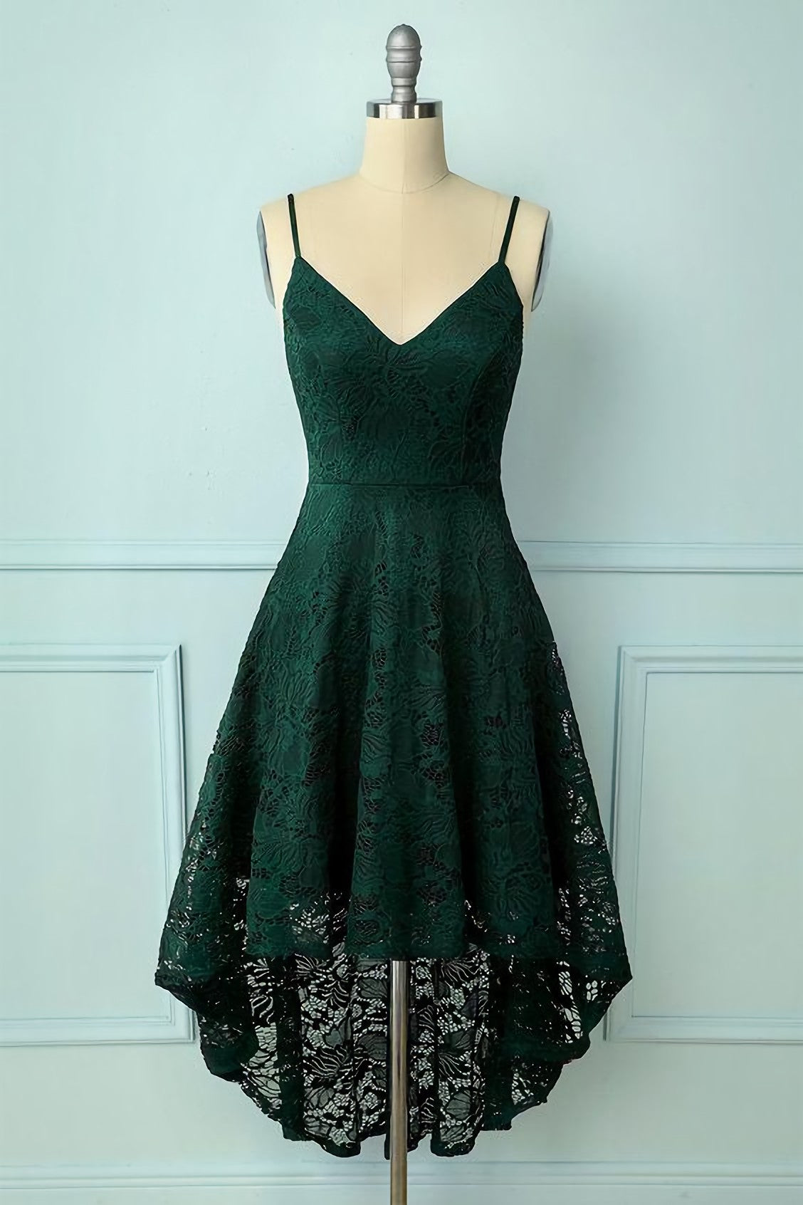 Vintage Style Dark Green Lace Shoulders Straps Prom Dress