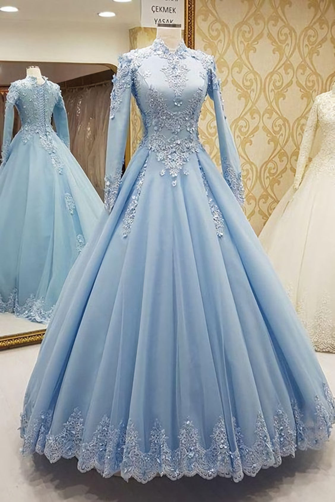 Blue Tulle High Neck Customize Formal Evening Dress, With Long Sleeves