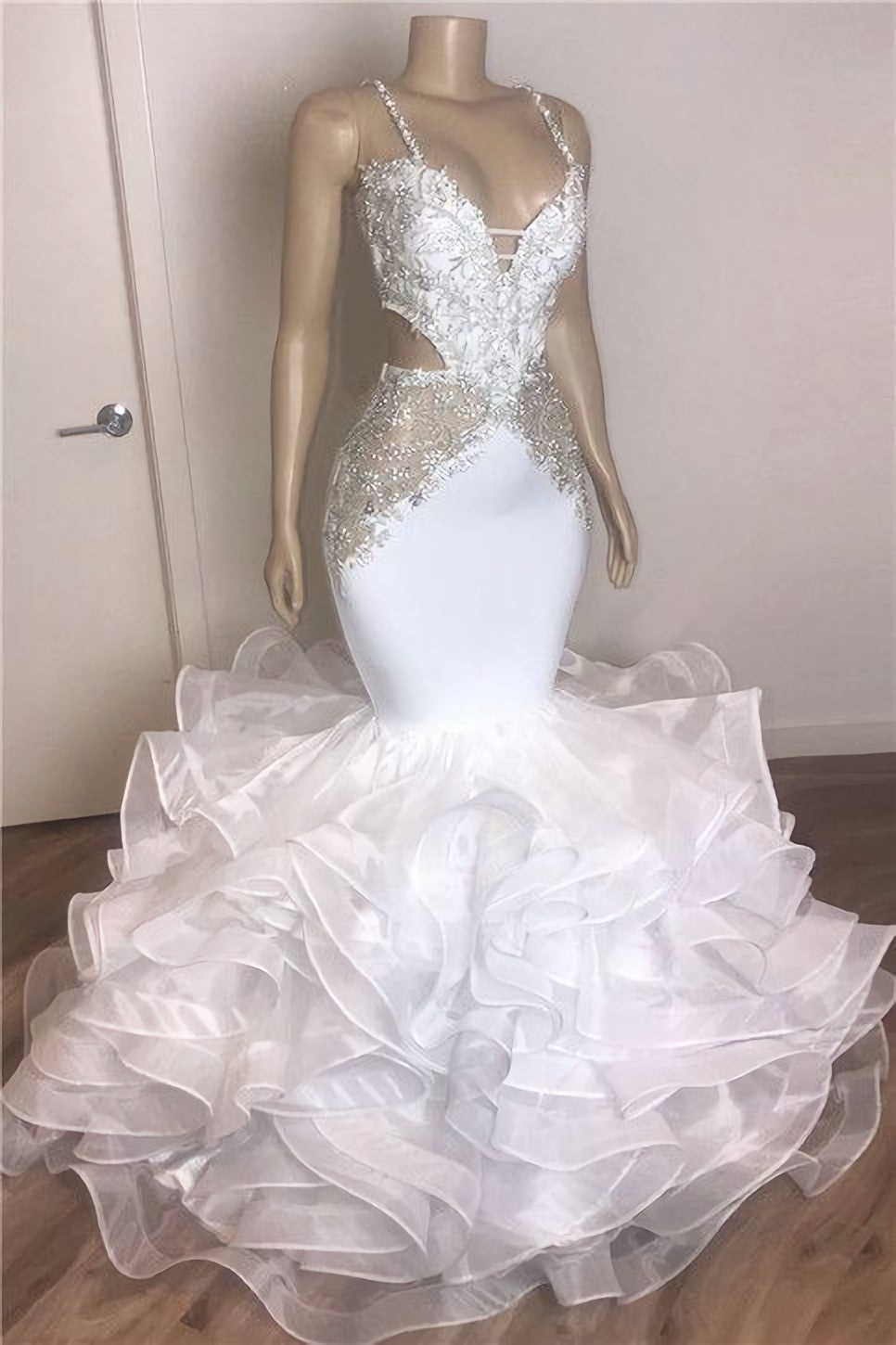 Spaghetti Straps Mermaid Ruffles White Prom Dresses