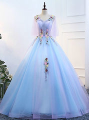 Blue V Neck Tulle Floor Length Quinceanera Dresses, Prom Dress, Evening Dress