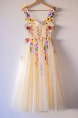 Champagne Corset Floral Tulle Short Prom Dress, Cute Champagne Homecoming Dress