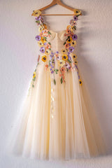 Champagne Corset Floral Tulle Short Prom Dress, Cute Champagne Homecoming Dress