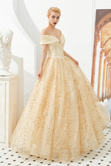 Champagne Gold Gold Off-the-épaule tulle robe de bal paillettes Princess Prom Robes pour filles