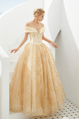 Champagne Gold Gold Off-the-épaule tulle robe de bal paillettes Princess Prom Robes pour filles