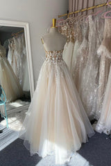 Champagne Lace Long A-Line Prom Dress, Strapless Evening Dress
