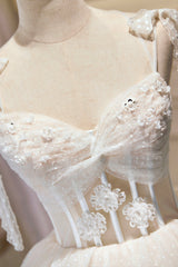 Champagne Spaghetti Straps Lace Party Dress, A-Line Short Homecoming Dress