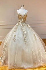 Champagne sweetheart tulle lace long prom gown, tulle formal gown