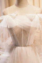 Champagne Tulle Long Prom Dress, Spaghetti Strap Evening Dress with Bow