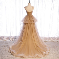 Champagne Tulle Sweetheart Straps Long Ball Gown Prom Dresses, Champagne Party Dresses