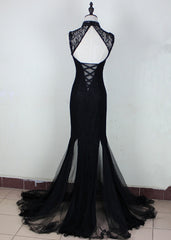 Charming Black Mermaid Backless Long Evening Dress, High Neckline Prom Dress