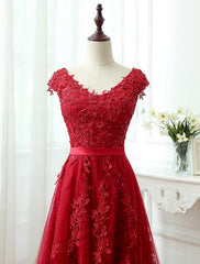 Charming Dark Red Lace A-line Long Prom Dress, Red Evening Gown