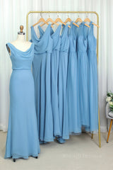 Cowl Neck Blue Chiffon Sheath Long Bridesmaid Dress