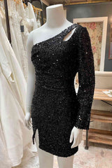 Cut Out Long Sleeve Black Sequins Tight Homecoming Dress Gala Dresses Short