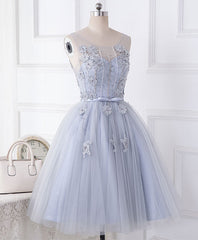 Cute Gray Round Neck  Lace Tulle Short Prom Dress, Homecoming Dress
