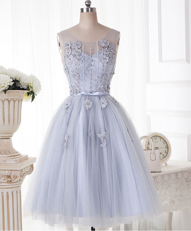 Cute Gray Round Neck  Lace Tulle Short Prom Dress, Homecoming Dress