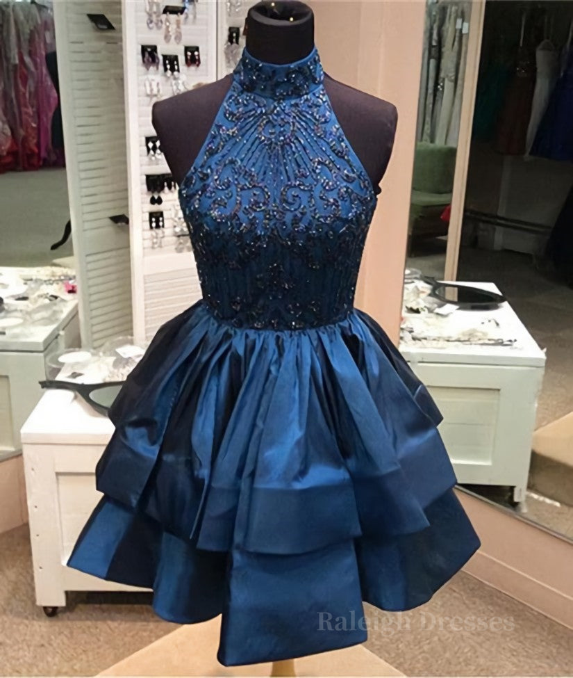 Cute High-Neck Sequin Beaded Short Blue Prom Dresses, Blue Homecoming Dresses