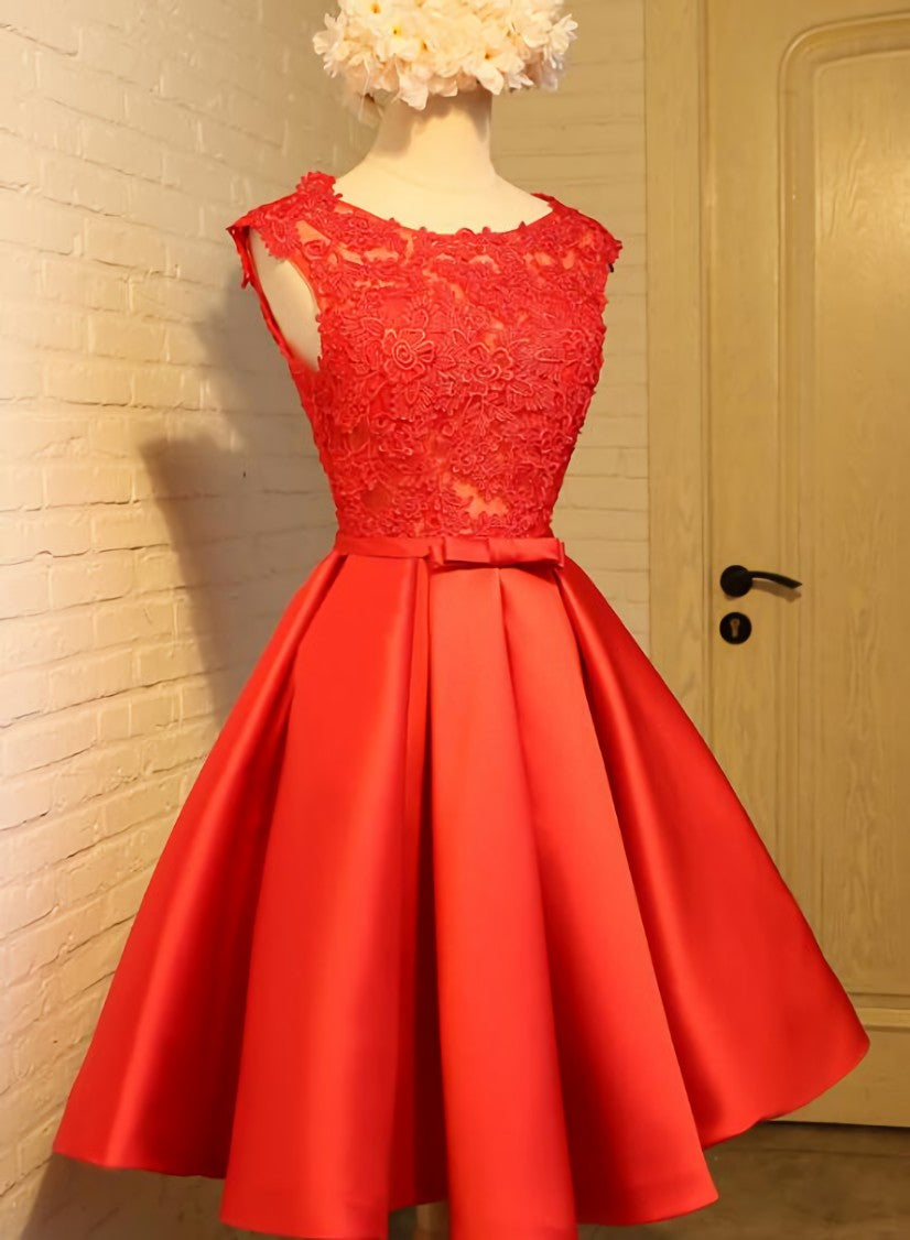 Cute Red Homecoming Dress, Round Neckline Lace and Satin Party Dress