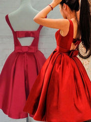 Cute Red Satin Scoop Sleeveless Short Party Dresses, Red Homecoming Dress