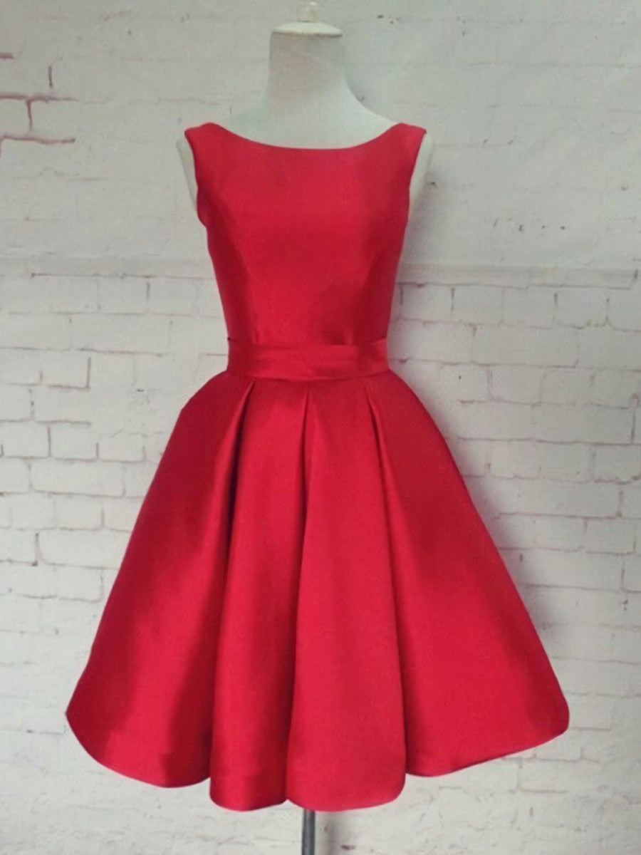 Cute Red Satin Scoop Sleeveless Short Party Dresses, Red Homecoming Dress