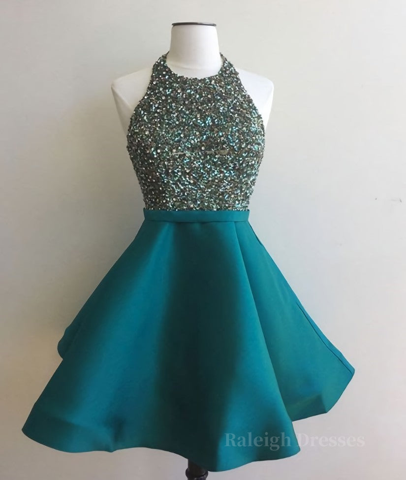 Cute Round Neck Sequin Backless Green Short Prom Dresses, Green Homecoming Dresses