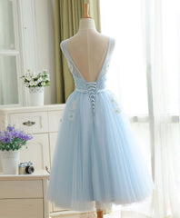 Cute Sky Blue Lace Tulle Short Prom Dress, Homecoming Dress