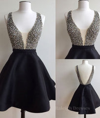 Cute V Neck And V Back Sequin Short Black Prom Dresses, Cute Short Black Homecoming Dresses