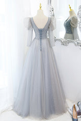Cute V-Neck Tulle Long Prom Dress with Beaded, A-Line Long Sleeve Evening Dress