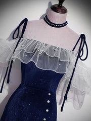 Dark Blue Mermaid Velvet Long Prom Dresses, Blue Formal Evening Dress