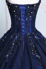 Dark Blue Tulle Lace Princess Dress, A-Line Strapless Long Prom Dress
