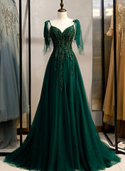 Dark Green Beaded Tulle Straps A-line Formal Dresses, Green Evening Dress Prom Dresses